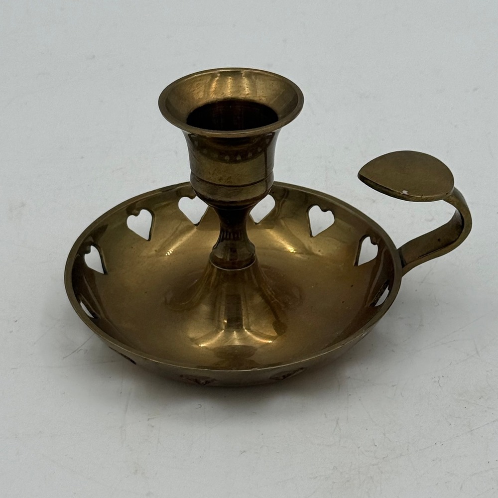 Vintage Brass Heart Cutout Chamberstick Candle Holder Finger Loop Made in India